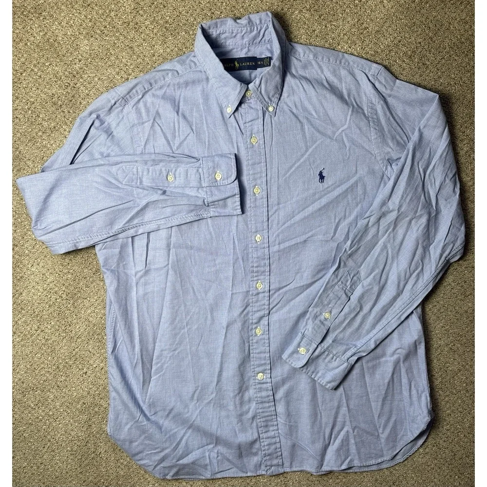Polo Ralph Lauren Mens Large 16.5 Button Down Shirt Houndstooth Blue Cotton